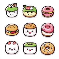 a cute kawai style food icons sushi burger donut for sticker