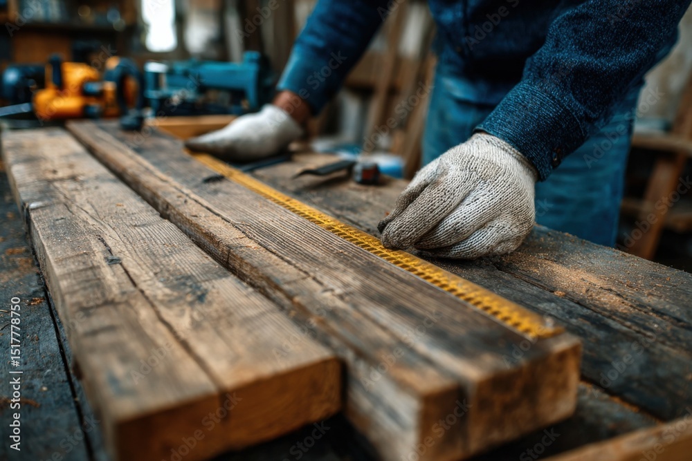 Poster carpenter measuring wood plank with ruler in workshop, symbolizing precision and home improvement, i