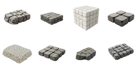 Various types of cobblestones displayed in multiple angles, showcasing different textures and colors, isolated on a transparent background for versatility in design applications.
