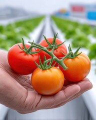 Hand Holding Fresh Tomatoes Grown in a Greenhouse, Representing Sustainable Agriculture and Healthy Eating Habits for Food Production and Supply Chain Management : Generative AI