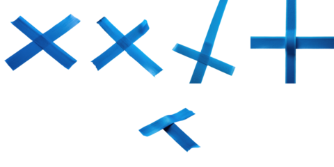 Collection of blue masking tape crosses arranged in various orientations isolated on a transparent background suitable for graphic design and creative projects