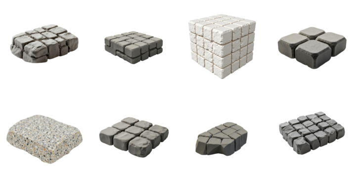 Various types of cobblestones displayed in multiple angles, showcasing different textures and colors, isolated on a transparent background for versatility in design applications.