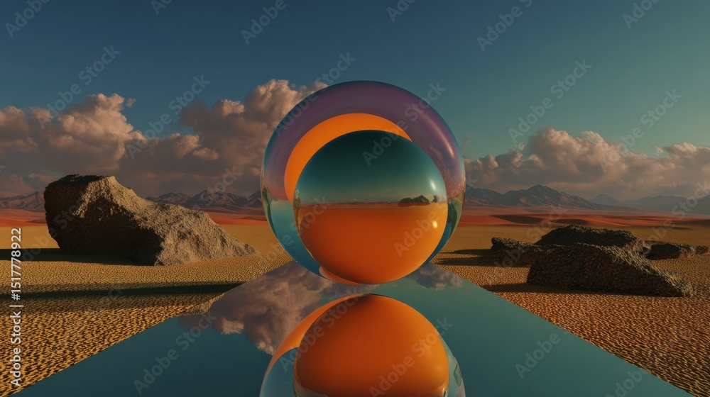 Poster Abstract Spheres Reflecting Desert Landscape, Symbolizing Innovation and Creative Problem Solving for Business Marketing and Design Projects : Generative AI