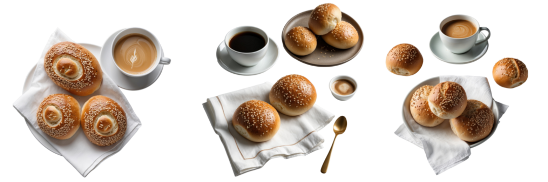 Freshly baked sesame bread rolls arranged with coffee in various settings on white serviettes isolated on transparent background