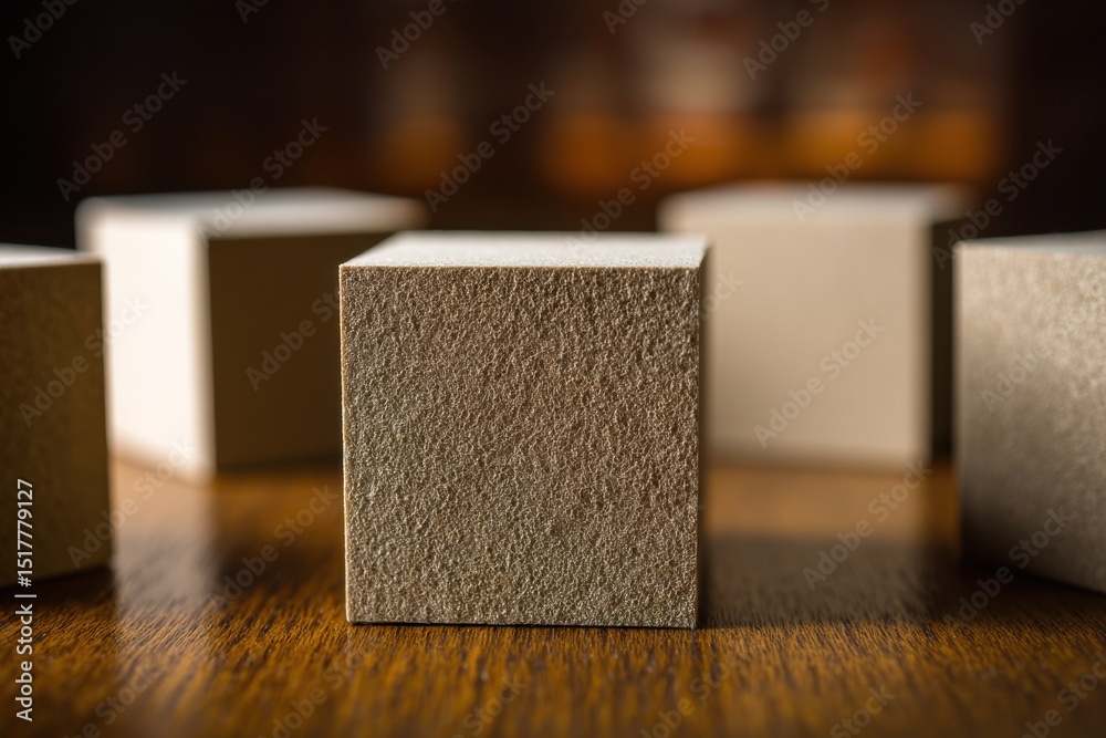 Aufkleber arrangement of neutral cubes on wood surface, illustrating foundation and building blocks for busine