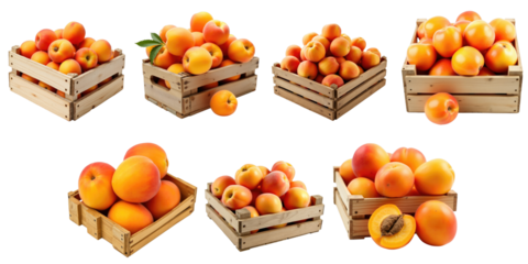Fresh organic apricots in wooden crates arranged in various configurations, highlighting vibrant orange colors and rich textures, isolated on a transparent background.