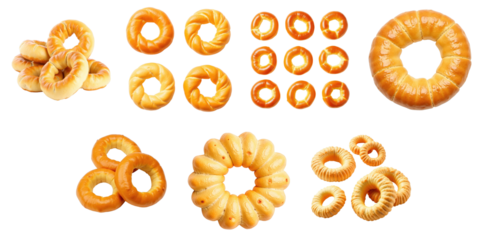 Collage of assorted ring shaped Sushki dry bagels on transparent background featuring various sizes and shapes arranged in multiple clusters for visual diversity.