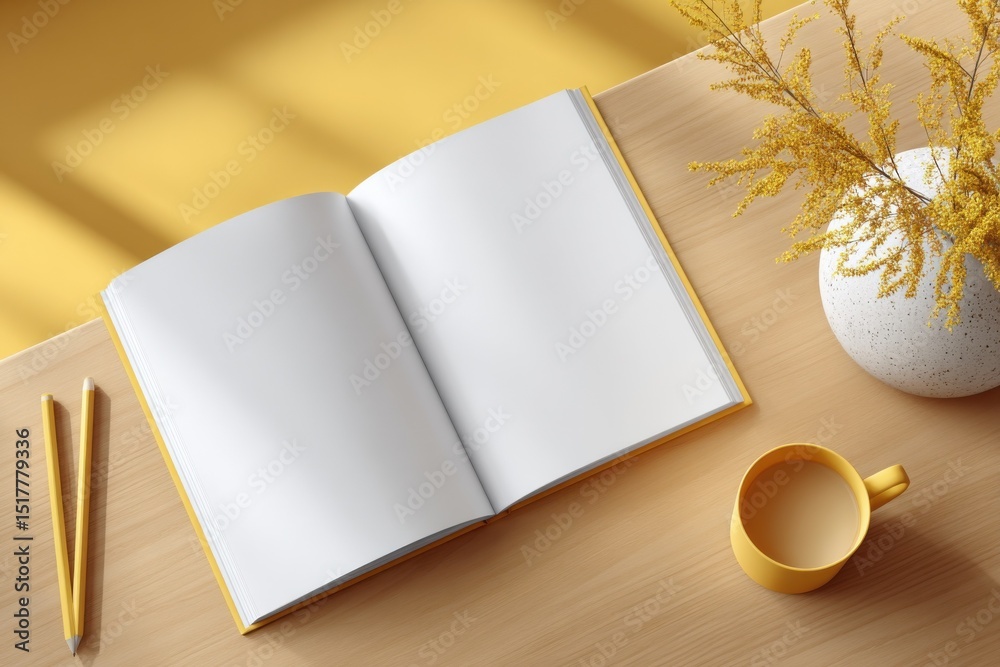 Poster open book with blank pages and coffee cup on wooden desk, ideal for content creation and educational