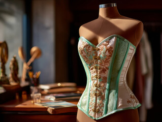 Ornate couture corset with floral gold detail displayed on mannequin in moody studio
