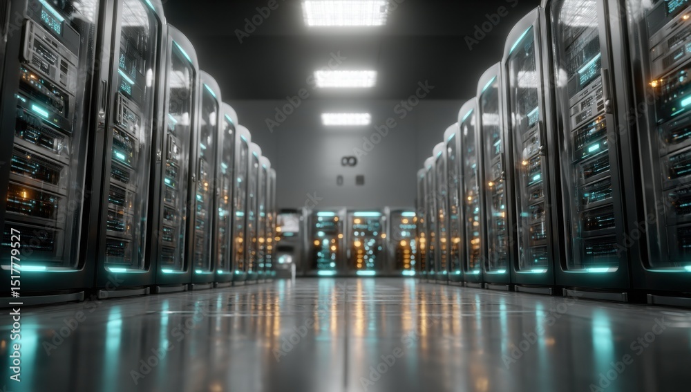 Fototapete Server Racks in Data Center With Glowing Lights, Illustrating Network Infrastructure and Digital Transformation for Business Technology : Generative AI