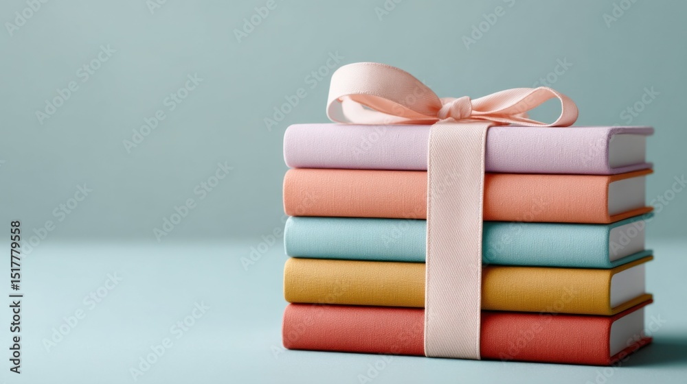 Poster stack of colorful books tied with ribbon, representing education, knowledge, and the joy of reading 