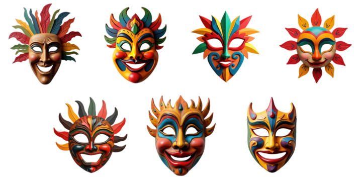colorful wooden decorative masks featuring vibrant designs and expressions arranged against a transparent background with transparency around the edges