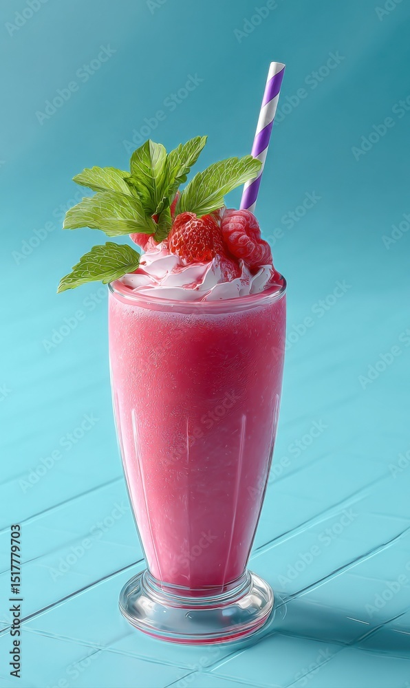 Poster refreshing pink smoothie with strawberries and raspberries, representing summer fun and healthy life