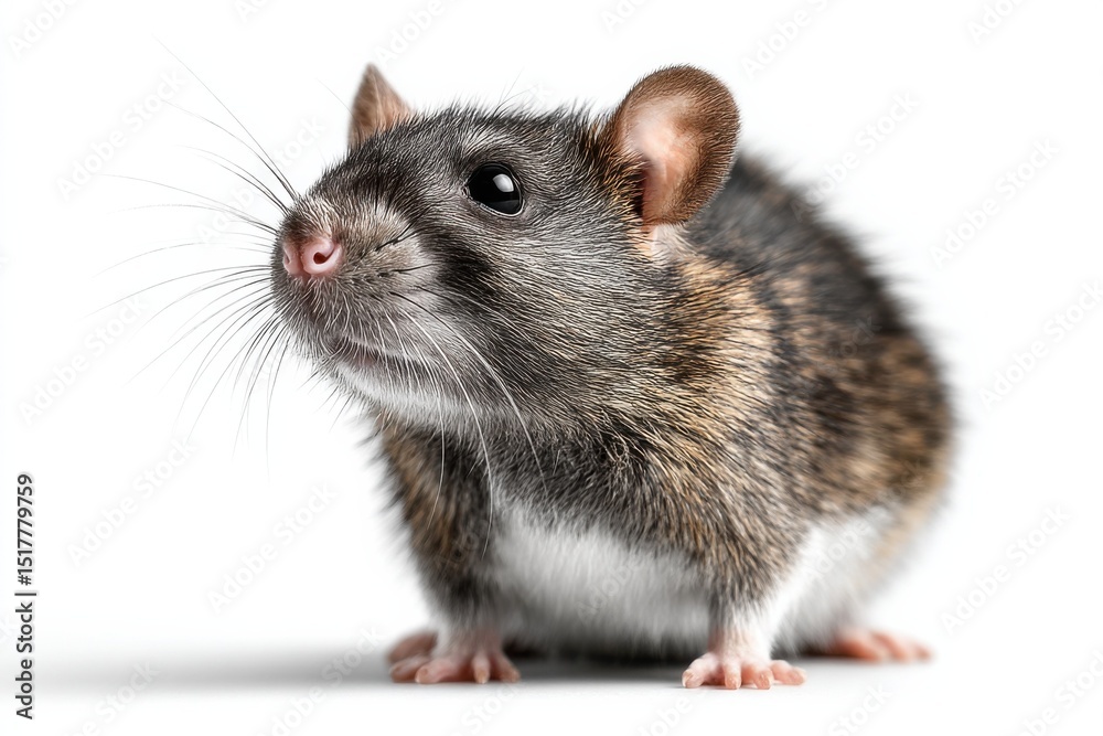 Poster curious rat standing alert on white background, illustrating animal testing and scientific research 