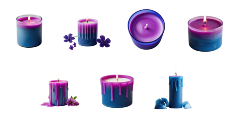 Assorted wax candles in blue and magenta colors with flames isolated on transparent background featuring various shapes and designs including decorative elements and flower accents