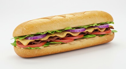 Delicious and Appetizing Submarine Sandwich with Fresh Ingredients on White