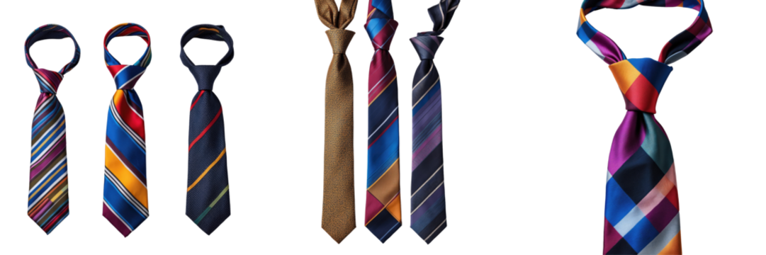 Collection of six various colorful neckties showcasing different patterns and styles against a transparent background with transparent elements - Powered by Adobe