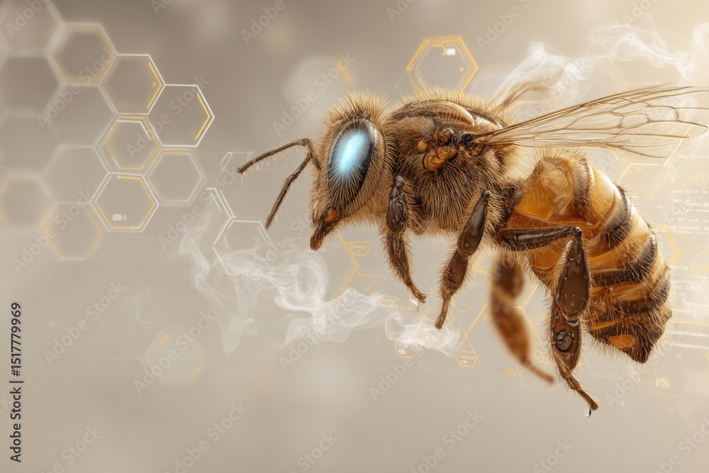 Poster honeybee hovering with digital overlay, representing pollination and data analysis in agricultural t