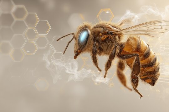 Honeybee Hovering With Digital Overlay, Representing Pollination and Data Analysis in Agricultural Technology and Environmental Conservation Efforts : Generative AI