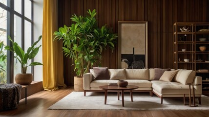 Fototapeta premium Modern living room with large windows, wooden accents, and lush greenery