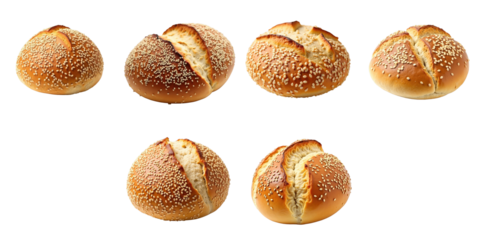assortment of round wholemeal bread rolls topped with sesame seeds isolated on transparent background showcasing different angles and orientations of the bread products