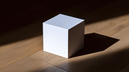White Cube on Wood Floor Bathed in Sunlight, Symbolizing Simplicity and Minimalist Design for Product Mockups and Creative Presentation : Generative AI