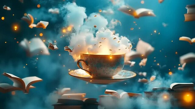 A magical floating tea cup emitting steam surrounded by flying books in a whimsical setting