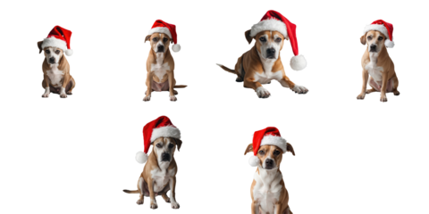 group of six short-haired dogs wearing red and white Santa hats with sad expressions isolated on a transparent background ready for Christmas themes
