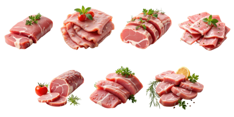 fresh pork slices with herbs and cherry tomatoes arranged on a transparent background isolated culinary composition for food photography use