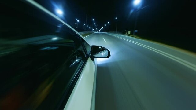 White Car Driving Fast on Highway at Night. White Car Speeds Down a Multi-lane Highway at Night, Overtakes Other Cars. Showcasing Motion Blur and Vibrant City Lights in the Background. Cityscape