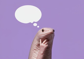 Naklejka premium Curious axolotl with a thoughtful expression and a speech bubble on pastel backdrop