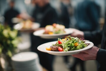 Catered Salad Plates Being Served at Event, Representing Hospitality and Culinary Excellence for Food Service Businesses and Restaurant Marketing Campaigns : Generative AI