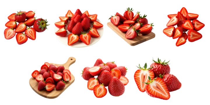 Fresh ripe strawberries sliced in halves and whole arranged on wooden boards and plates with transparent background, showcasing various cuts and presentations of the fruit.