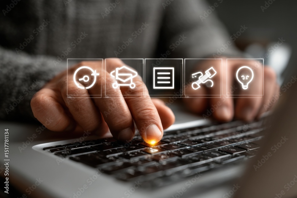 Aufkleber Hand Typing on Laptop with Digital Icons, Representing Online Education and Skill Development for Career Advancement and Digital Transformation in Business : Generative AI