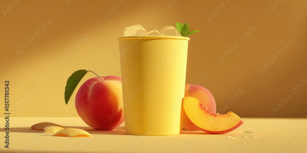 Poster refreshing peach drink with ice cubes, representing summer refreshment and healthy lifestyle choices