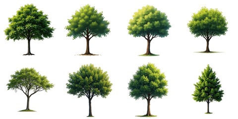 variety of high quality trees with detailed foliage and trunks on transparent background arranged in a grid pattern each tree fully isolated for graphic design and illustration use