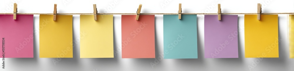 Poster colorful paper notes hanging from twine with clothespins, representing organization and creative pla
