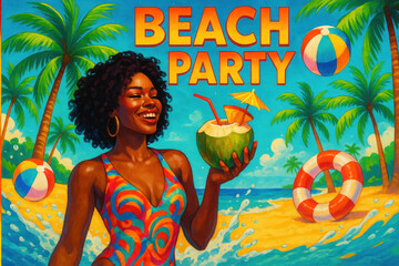 Woman in bathing suit holding coconut drink.