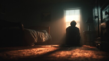 Fototapeta premium Silhouette of Man Sitting by Window in Dark Room, Representing Solitude and Mental Health Awareness, Seeking Hope and Serenity : Generative AI