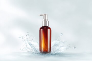 Fototapeta premium Amber Glass Bottle With Pump Dispenser and Water Splash, Showcasing Purity and Natural Beauty for Skincare Advertising : Generative AI