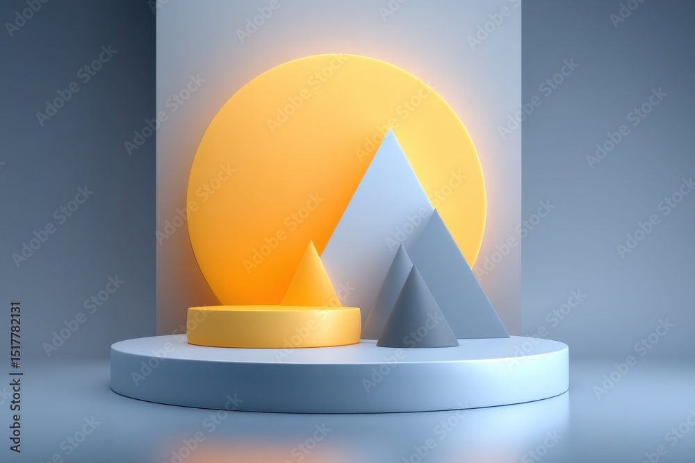 Aufkleber geometric shapes on a pedestal in blue and yellow, representing innovation and modern design in a mi