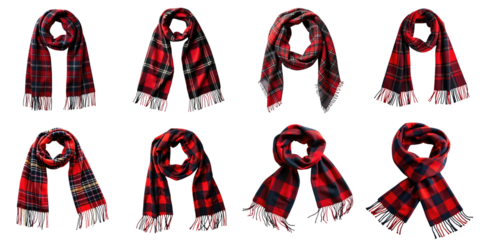 Collection of red and transparent tartan pattern fashion scarves arranged in various styles against a transparent background highlighting texture and design variations.