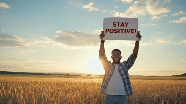 Cheerful person sharing an uplifting message in golden field