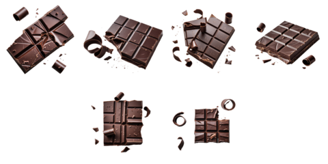 transparent chocolate blocks with curls and shavings displayed on a transparent background showcasing various angles and broken pieces highlighting texture and detail.