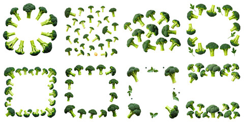 Creative arrangement of broccoli pieces in various circular and square patterns isolated on transparent background for culinary design purposes.