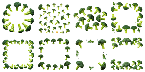 Creative arrangement of broccoli pieces in various circular and square patterns isolated on transparent background for culinary design purposes.
