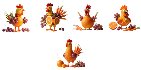 Creative food art featuring humorous chicken figures made from tangerines, grapes, and carrots displayed in various poses on a transparent background.