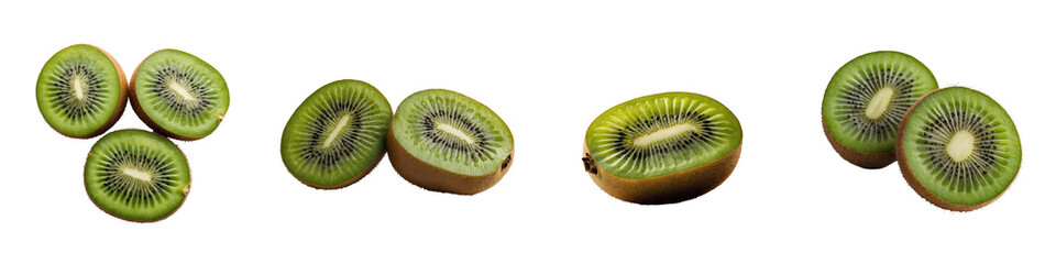 Sliced and whole kiwi fruit arranged on a transparent background showcasing their vibrant green flesh and textured skin in a clear presentation for culinary or educational purposes