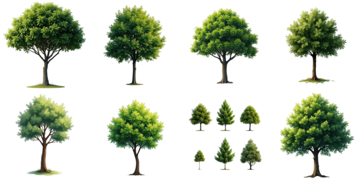 Collection of various tree illustrations featuring different shapes and sizes, fully isolated on a transparent background, suitable for design use.