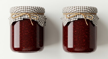 Pair of homemade berry jams in glass jars with checked fabric tops
